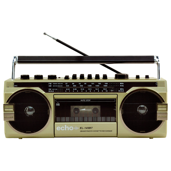 Echo Audio Retro Blast Bluetooth Boombox Portable Cassette Player Tape Recorder 3 Band Radio Voice Recorder Headphone Jack Supports USB and SD Cards GoldAM/FM/SW 3BAND RADIO CASSETTE RECORDER USB/SD FUNCTION BUILT-IN FM ANTENNA FOLD DOWN CARRY HANDLE AC/D